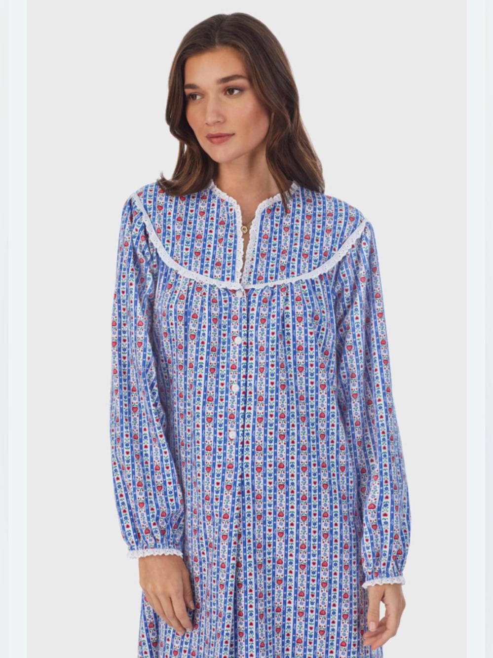 Lanz of Salzburg Tyrollean Flannel stripes and hearts nightgown Medium cozy